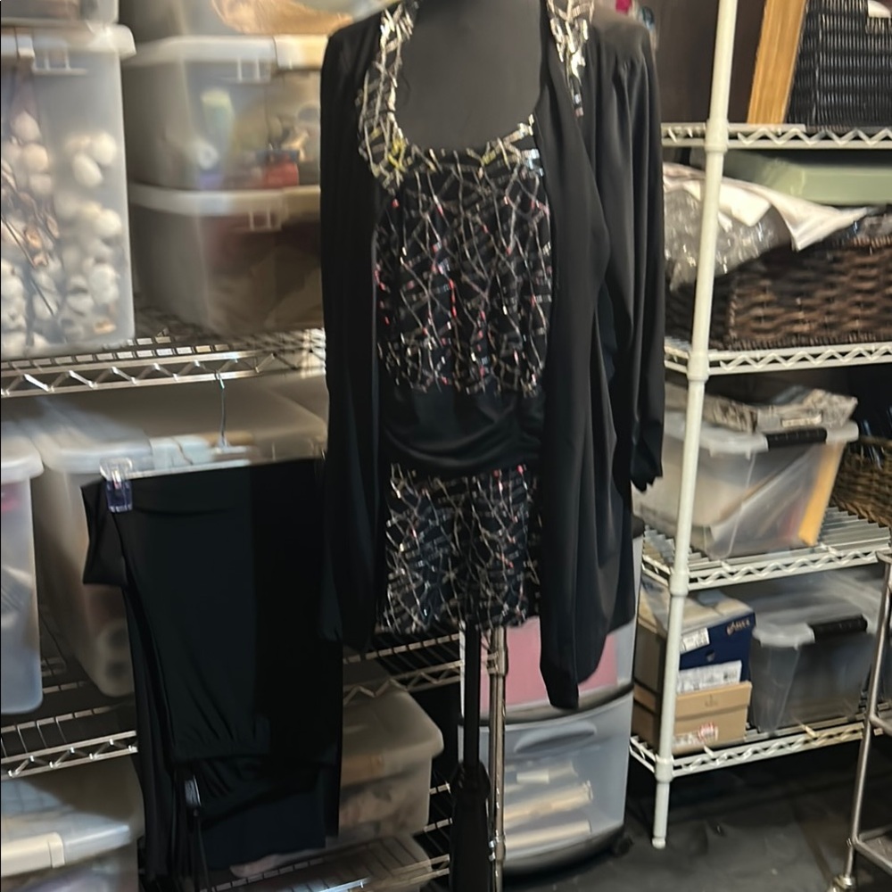 Black and Multicolor Abstract Dressy 3 pc pants, top with Cardigan